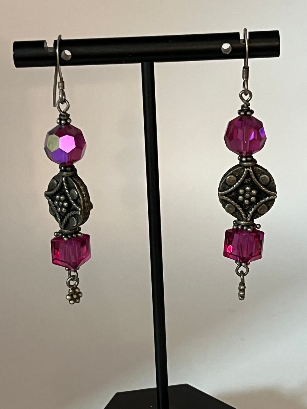 Vintage sterling silver and rose glass earrings 2 1/2"